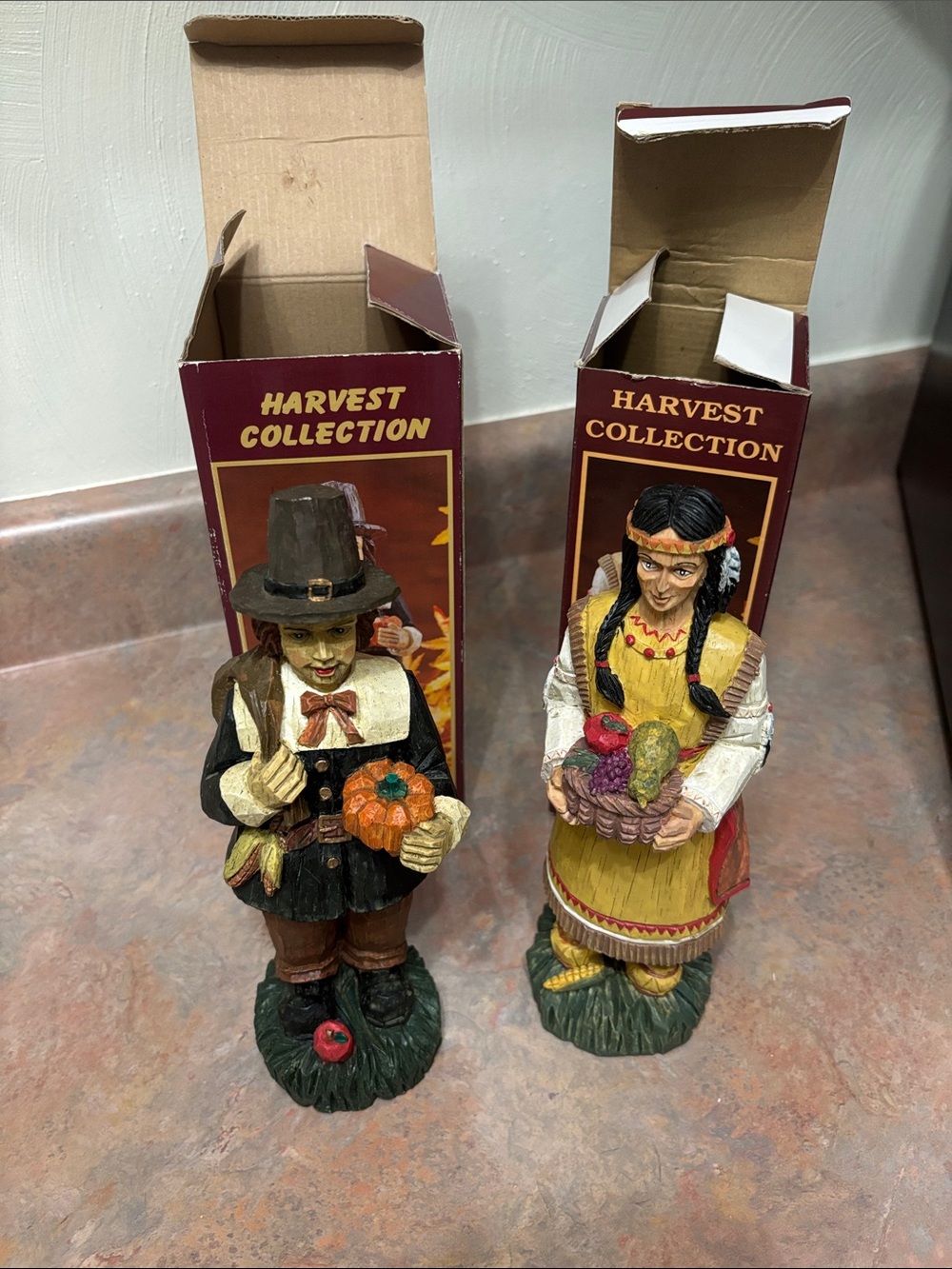 Harvest Collection Pilgrim and Native American Decorative Statuettes.
